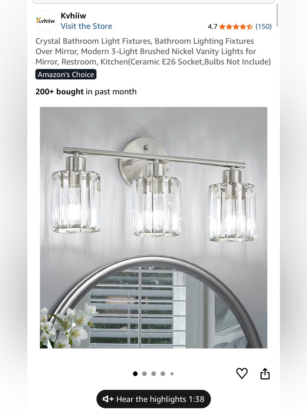 Brushed Nickel 3-Light Crystal Bathroom Vanity Light - Brand: